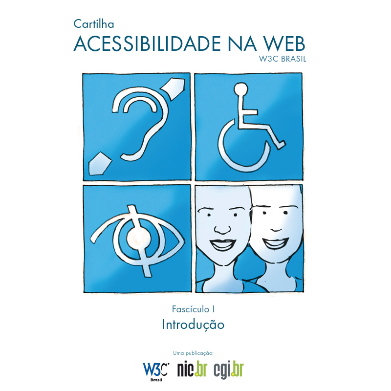 Capa do Fascículo 1 da Cartilha mostra 4 quadrados com símbolos de deficiências sob fundo azul.