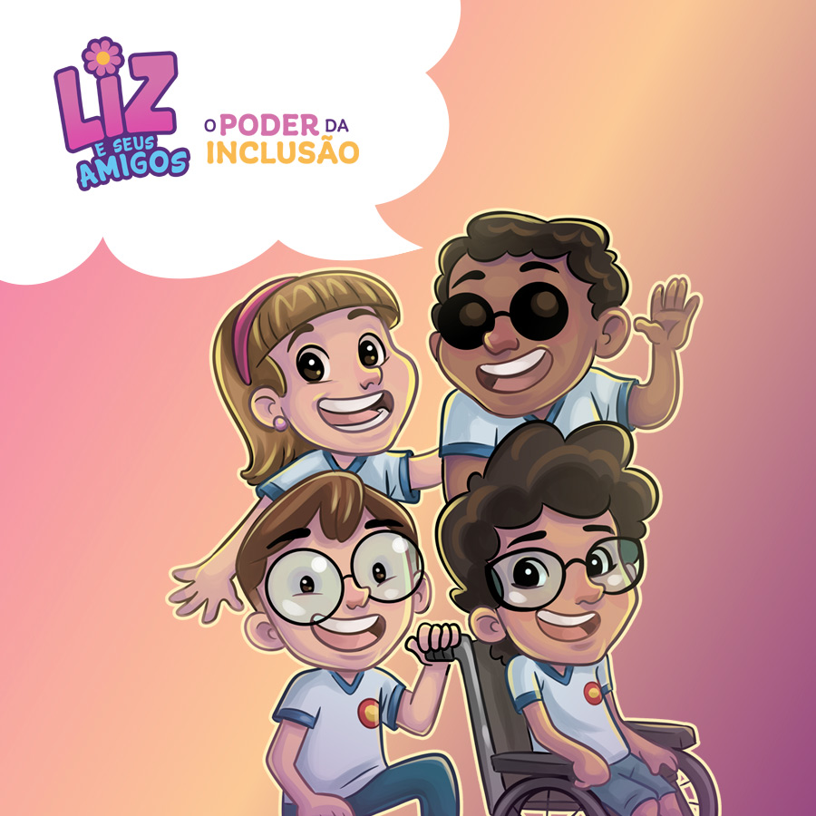 Ilustração de 4 crianças juntas sorrindo. Uma é cega, outra usa cadeira de rodas. Logo da Liz.