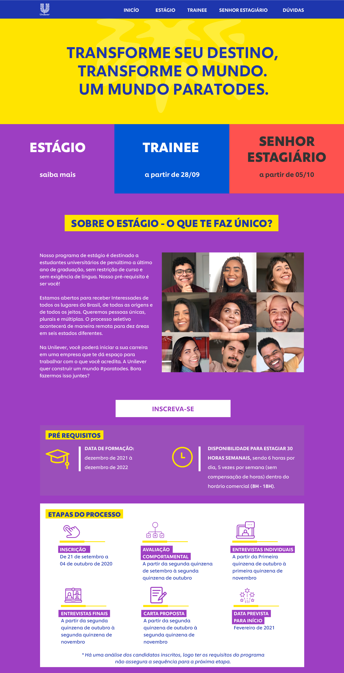 Layout da página inicial do site da Unilever para Todes com seção de estágio em destaque