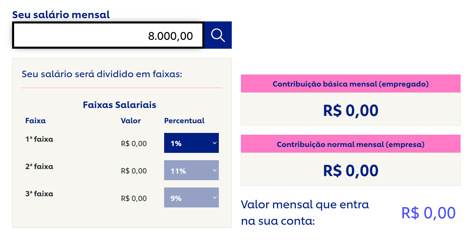 Detalhe de conteúdo do site mostra simulador de previdência. Ao lado, contraste de cores validado em ferramenta de validação.